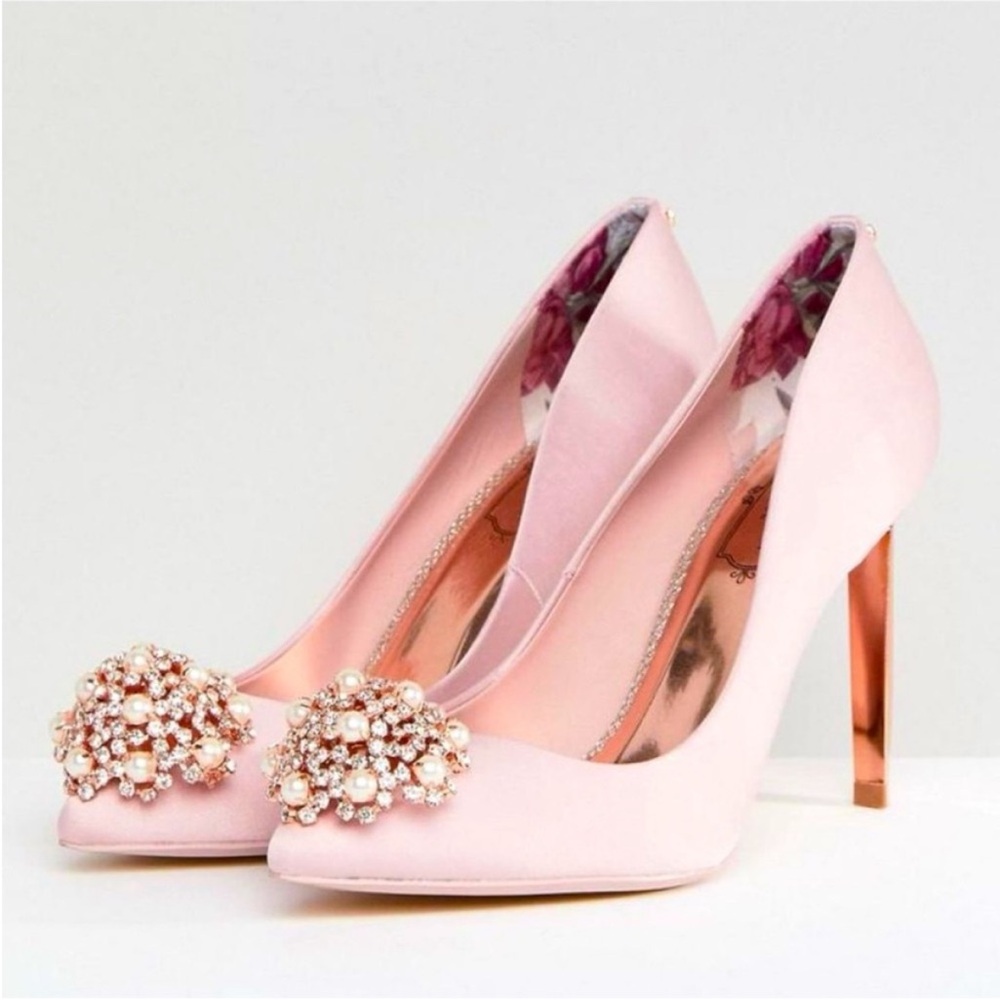 Ted Baker London Blush Pink Satin Heels Crystal & Pearl Jewel Embellished